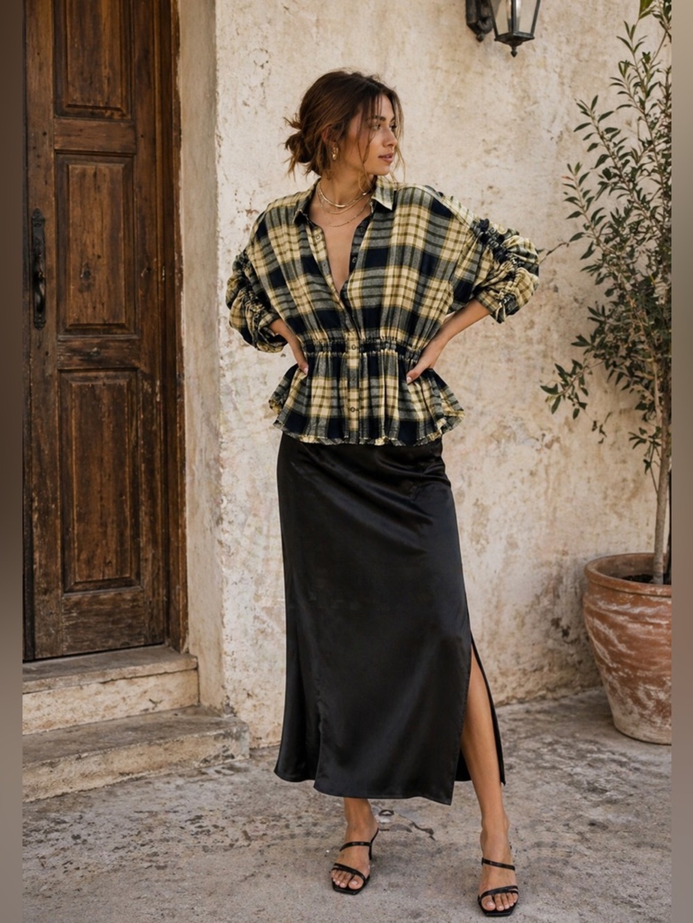 🩷FIRM PRICE🩷Free people plaid ruched sleeve shirt